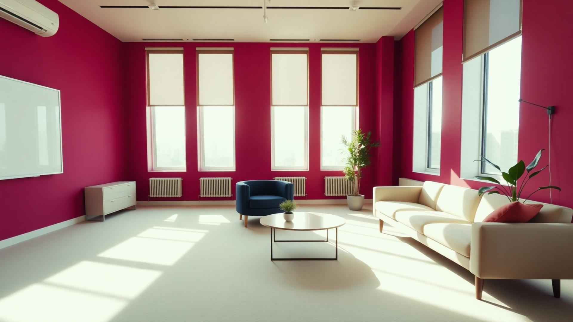 Miren sodoben salon v magenta in temno modrih tonih