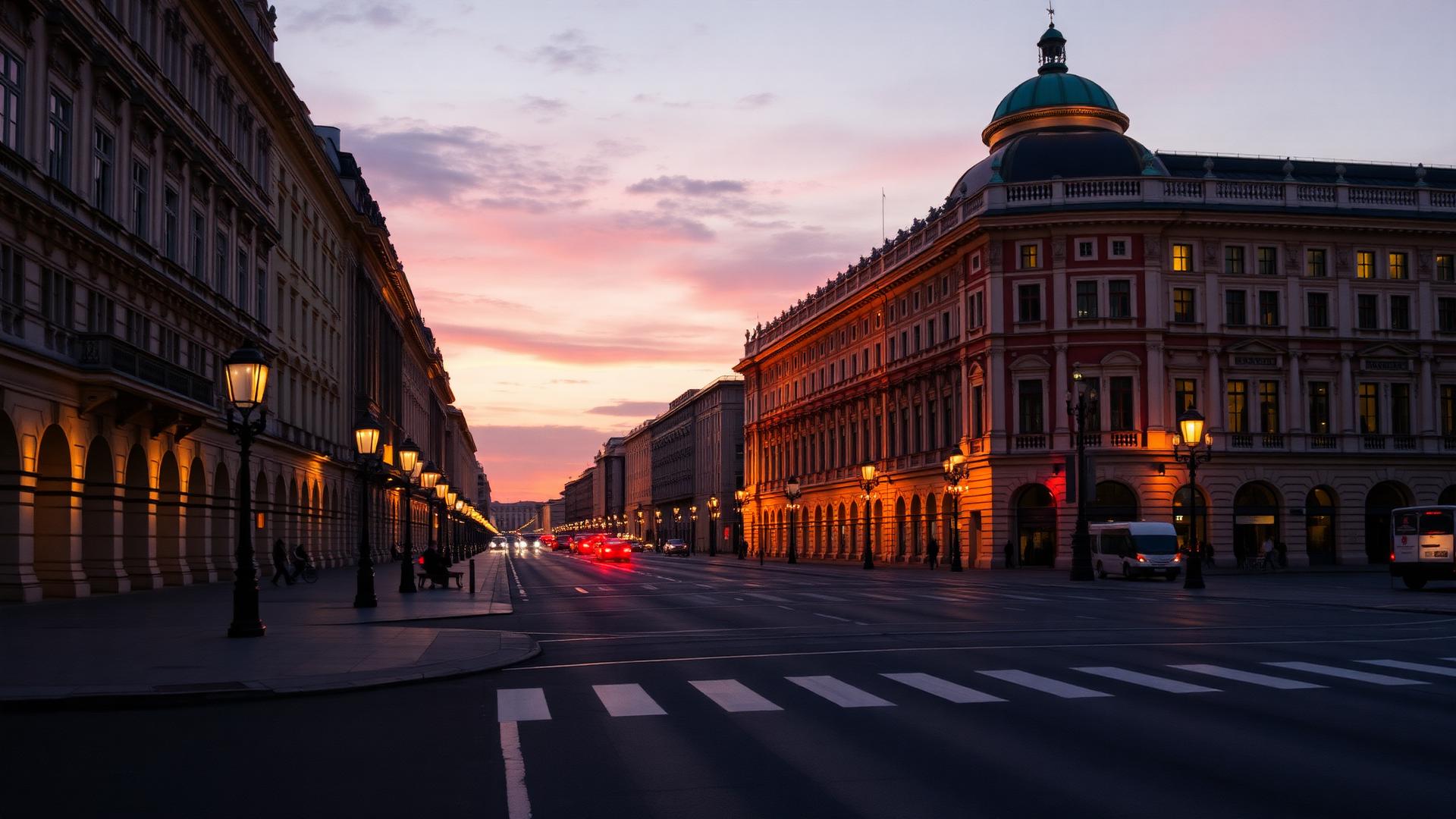 Dunajska klasična arhitektura ob sončnem zahodu, ki simbolizira avstrijsko skupino Vienna Insurance Group