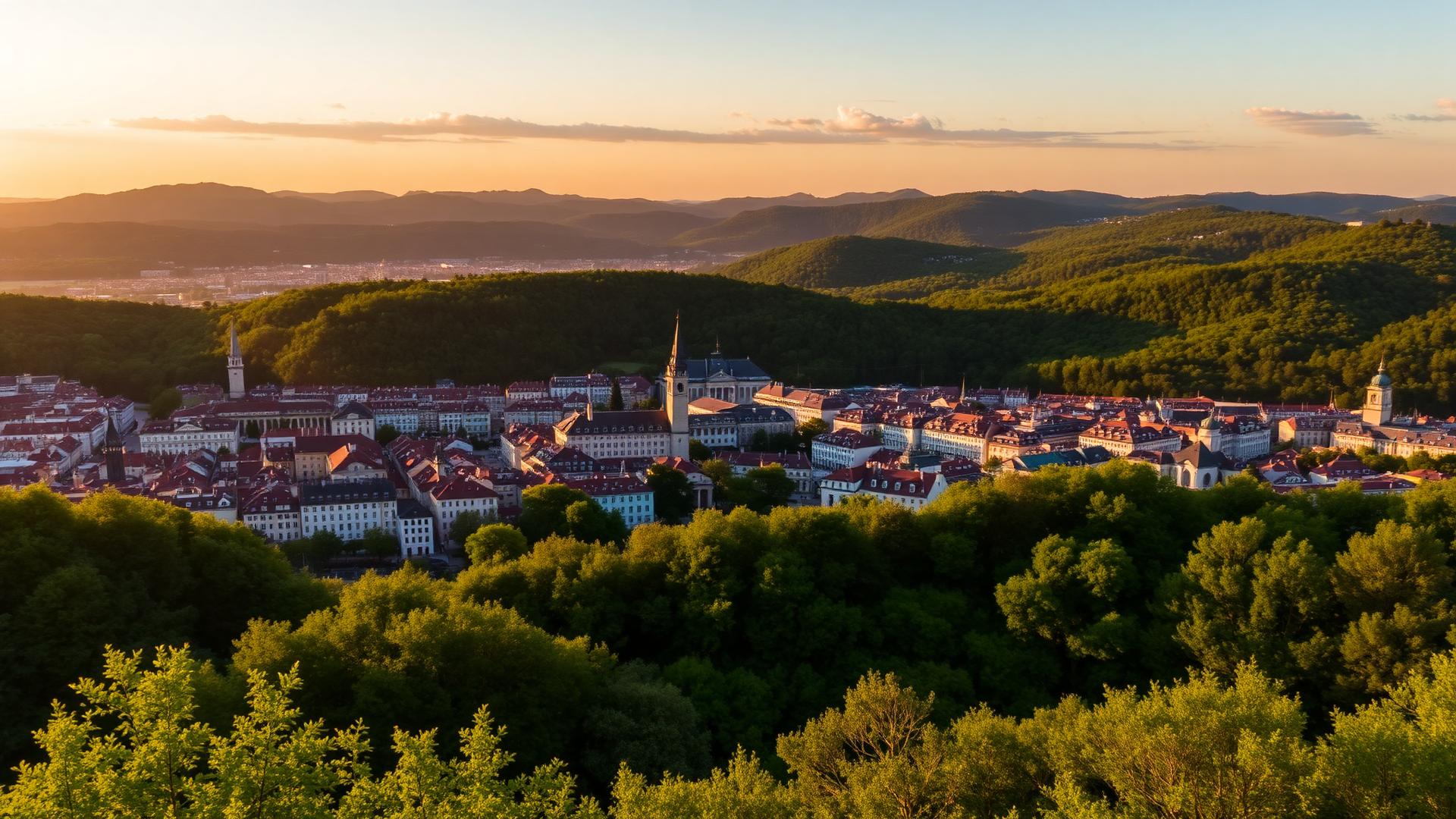 Panorama Ljubljane z zelenimi hribi v ozadju, ki simbolizira največjo slovensko zavarovalnico