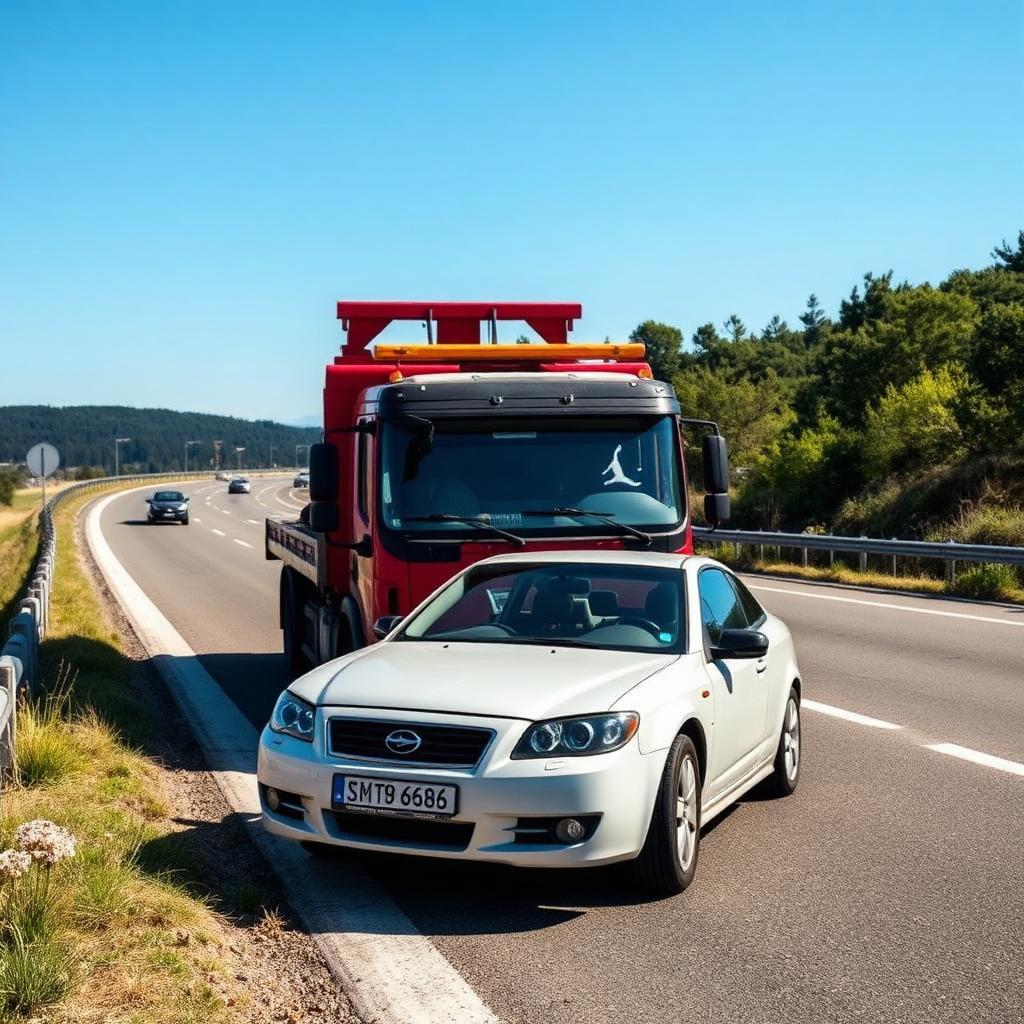 Pajek prevaža okvarjeno osebno vozilo po avtocesti – avtomobilska asistenca